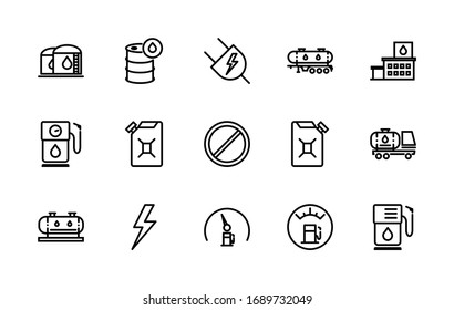 A simple set of fuel-related vector line icons. Contains icons such as: oil, gasoline, diesel, tank, tanker, gas station, fuel meter, and more. Editable Stroke. 48x48 pixels is perfect.