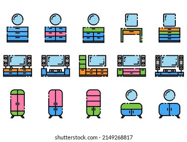 Simple Set of Furniture Cabint Flat Line Icons. Contains such Icons as low cabinet,high cabint,tv cabinet. pixel perfect vector icons based on 64px grid.