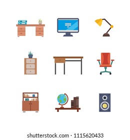 Simple set of furniture flat icons. Vector interior icons, office workplace, table, chair, desk and more in flat design