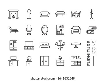 Simple Set of Furniture Related Vector Line Icons. Contains such Icons as Sofa, Table, Floor Light and more.