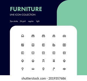 Simple Set of Furniture Related Vector Line Icons. Contains such Icons as Sofa, Floor Light and more. Editable Stroke. 24x24 Pixel Perfect.