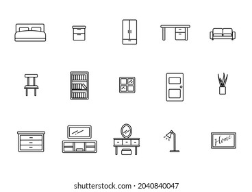 Simple Set of Furniture Related Vector Line Icons. Contains icons such as Bed, Bedside table, Wardrobe, closet, desk, study table, Sofa, Couch, Chair, Bookshelf, Door, Plants,  TV console, and more.