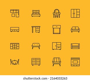 Simple Set of Furniture Related Vector Line Icons. Contains such Icons as Sofa, Table, Bed, Wardrobe and more