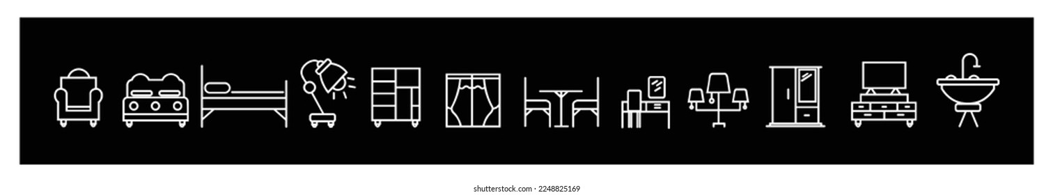 Simple Set of Furniture Related Vector Line Icons.,Contains such Icons  Bed, Sofa and more.for design on black background.