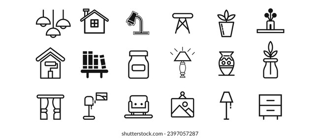 Simple Set of Furniture Related Vector Line Icons. Contains such Icons as sofa, lamps, home and more. Editable Stroke.