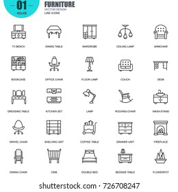 Simple Set of Furniture Related Vector Line Icons. Contains such Icons as Bookcase, Office Chair, Lamp, Couch, Desk, Bedside Table, Wash-stand and more. Editable Stroke. 48x48 Pixel Perfect.