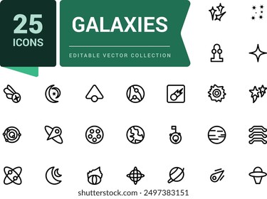 Simple Set of Galaxies and Space Related Vector Line Icons. Contains related to Observatory, Planet Earth, Alien and more. Minimalist thin linear web ui icon set.
