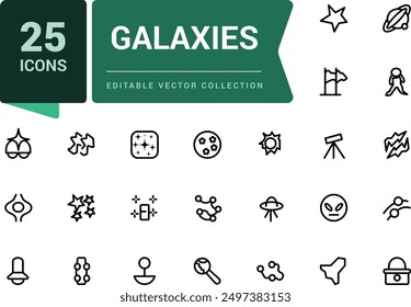 Simple Set of Galaxies and Space Related Vector Line Icons. Contains related to Observatory, Planet Earth, Alien and more. Minimalist thin linear web ui icon set.