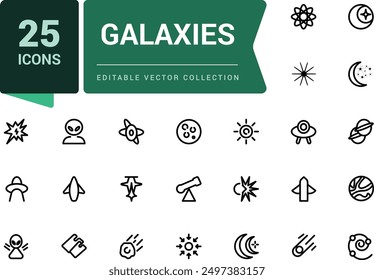 Simple Set of Galaxies and Space Related Vector Line Icons. Contains related to Observatory, Planet Earth, Alien and more. Minimalist thin linear web ui icon set.
