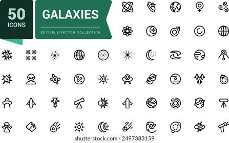 Simple Set of Galaxies and Space Related Vector Line Icons. Contains related to Observatory, Planet Earth, Alien and more. Minimalist thin linear web ui icon set.