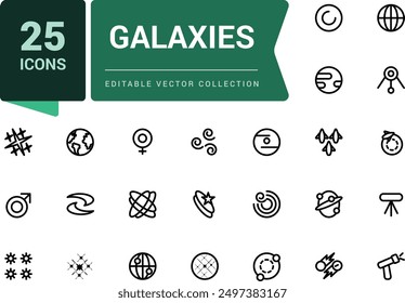 Simple Set of Galaxies and Space Related Vector Line Icons. Contains related to Observatory, Planet Earth, Alien and more. Minimalist thin linear web ui icon set.