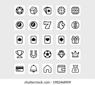 Simple Set Of Gambling And Online Gaming Related Vector Line Icons. Slot Machine, Roulette, Dice, Lotto ,Keno, Dice And More.