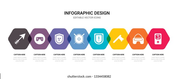 simple set of game, vr, axe, shield icons, contains such as icons shield, shield, game, arrow and more. 64x64 pixel perfect. editable vector set
