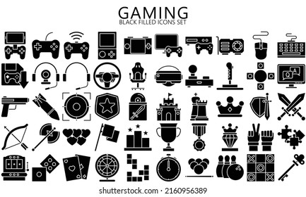 Simple Set of Games black filled Icons. Contains such Icons as Joystick, Console, Virtual Reality and more. Used for web, UI, UX kit and applications. vector eps 10 ready convert to SVG. svg