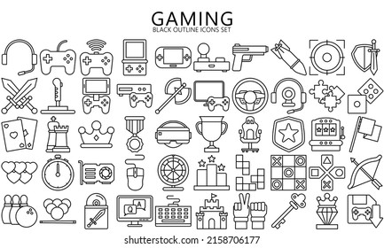 Simple Set of Games outline Icons. Contains such Icons as Joystick, Console, Virtual Reality, genres and attributes. Used for web, UI, UX kit and applications. vector eps 10 ready convert to SVG. svg