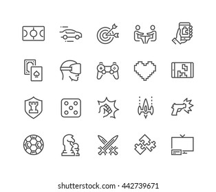 Simple Set of Games Related Vector Line Icons. 
Contains such Icons as Joystick, Console, Virtual Reality Helmet, Tower Defence and more.
Editable Stroke. 48x48 Pixel Perfect.