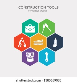 simple set of garage wrench, open paint bucket, carpenter cutter, school ruler icons, contains such as icons working shovel, garage screwdriver, businessman portfolio and more. 64x64 pixel perfect.