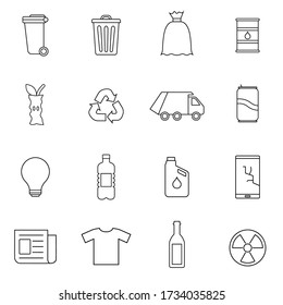 Simple Set of Garbage Related Vector Line Icons. Contains such Icons as Cardboard, Organic Waste, Plastic, Glass, Aluminium Can and more.