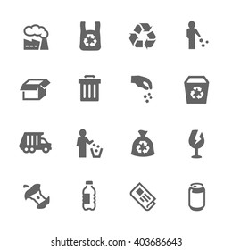 Simple Set of Garbage Related Vector Icons. Contains Such Icons as Plastic Bag, Recycle, Card board and more.
