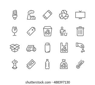 Simple Set of Garbage Related Vector Line Icons. 
Contains such Icons as Cardboard, Organic Waste, Plastic, Aluminium Can and more.
Editable Stroke. 48x48 Pixel Perfect.