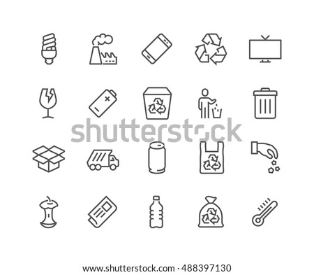 Simple Set of Garbage Related Vector Line Icons. 
Contains such Icons as Cardboard, Organic Waste, Plastic, Aluminium Can and more.
Editable Stroke. 48x48 Pixel Perfect.