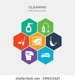 simple set of garbage truck cleanin, bucket cleanin, broom cleanin, glass cleaner icons, contains such as icons dustpan vacuum perfume and more. 64x64 pixel perfect. infographics vector