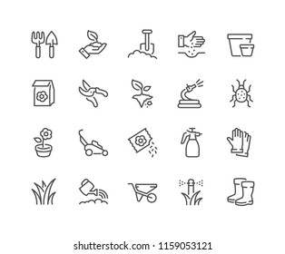 Simple Set of Gardening Related Vector Line Icons. Contains such Icons as Auto Watering, Seeding, Garden Tools and more. Editable Stroke. 48x48 Pixel Perfect.