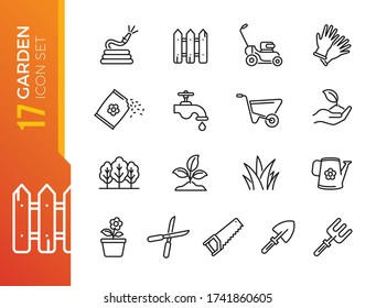 Simple Set of Gardening Related Vector Line Icons. Contains such Icons as Auto Watering, Seeding, Garden Tools and more.