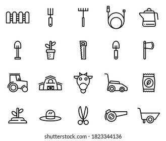 Simple set of gardening tools on white background, such as plan, grass, pot, seed and wheelbarrow.