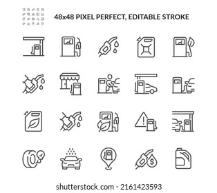 Simple Set of Gas Station Related Vector Line Icons. Contains such Icons as Carwash, Self-service filling, Fuel Pump and more. Editable Stroke. 48x48 Pixel Perfect.