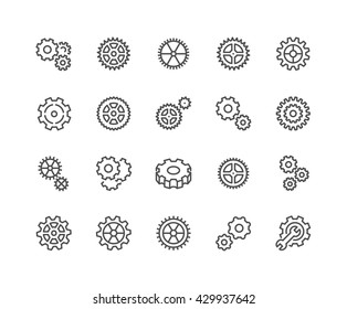 Simple Set of Gear Related Vector Line Icons. 
Contains such Icons as Settings, Transmission, Gearwheel and more. 
Editable Stroke. 48x48 Pixel Perfect. 