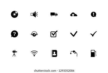 Simple set of general icons: Compact disk; Music; Delivery truck; Yes; Check mark; Exclamation; Question; Cinema camera; Wifi; Adress book; Gasoline; Gas station; Diesel; Petrol.