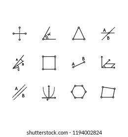 Simple set geometric figures vector line icon. Contains such angle, triangle, parallel straight lines, intersection, points, parabola graph, hexagon and other