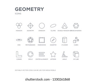 simple set of geometry vector line icons. contains such icons as 3d cube, angle, asterisk, center alignment, circle, corner, cubes, cylinder, diameter and more. editable pixel perfect.