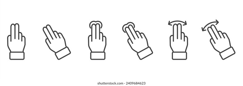 Simple set of gesture line icons. Simple touch screen gesture pack. Stroke vector illustration on a transparent background. Modern outline style icons collection.