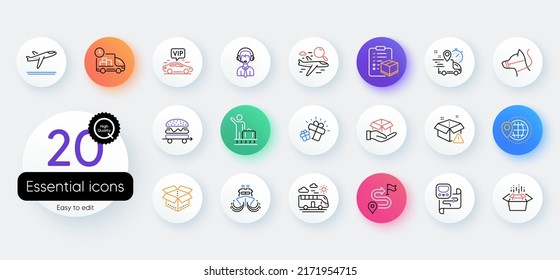 Simple set of Gift, Parcel checklist and Metro map line icons. Include Search flight, Delivery, Hold box icons. World travel, Express delivery, Bus travel web elements. Dog leash. Vector