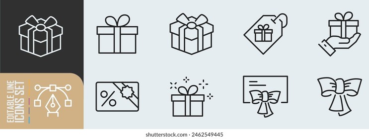 A simple set of gifts Linked vector line icons. Contains icons such as gift card, present offer, ribbon and more. Editable move.