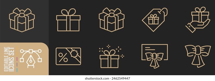 A simple set of gifts Linked vector line icons. Contains icons such as gift card, present offer, ribbon and more. Editable move.