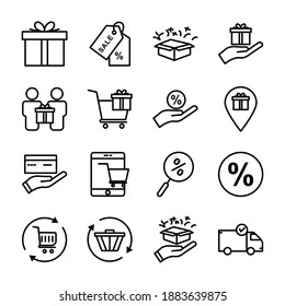 Simple set of gifts related vector line icons. Contains such Icons as gift box, discount, shopping cart, sale, surprise, etc. simple design editable. Design template vector