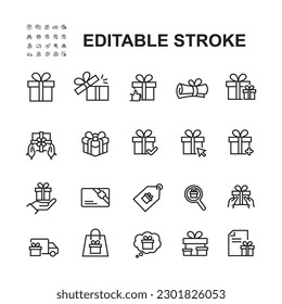 Simple Set of Gifts Related Vector Line Icons. Contains such Icons as Gift Card, Ribbon and more. Editable Stroke.