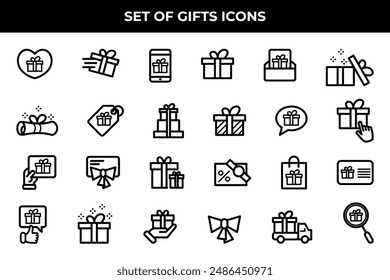 Einfache Gruppe von Geschenken Verwandte Vektorgrafik Line Icons. Enthält solche Icons wie Geschenkkarte, Angebotspräsentation, Ribbon und mehr.