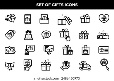 Simple Set of Gifts Related Vector Line Icons. Contains such Icons as Gift Card, Present Offer, Ribbon and more.