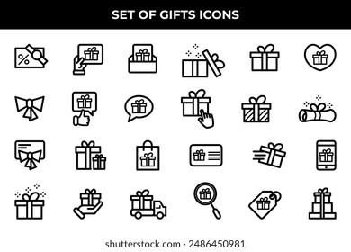 Simple Set of Gifts Related Vector Line Icons. Contains such Icons as Gift Card, Present Offer, Ribbon and more.