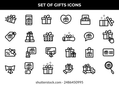Simple Set of Gifts Related Vector Line Icons. Contains such Icons as Gift Card, Present Offer, Ribbon and more.