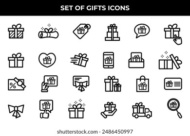 Einfache Gruppe von Geschenken Verwandte Vektorgrafik Line Icons. Enthält solche Icons wie Geschenkkarte, Angebotspräsentation, Ribbon und mehr.