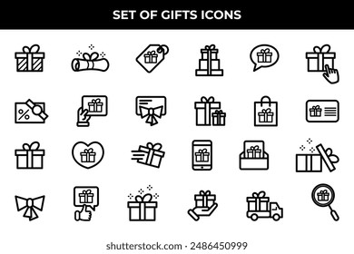 Simple Set of Gifts Related Vector Line Icons. Contains such Icons as Gift Card, Present Offer, Ribbon and more.