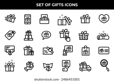 Simple Set of Gifts Related Vector Line Icons. Contains such Icons as Gift Card, Present Offer, Ribbon and more.