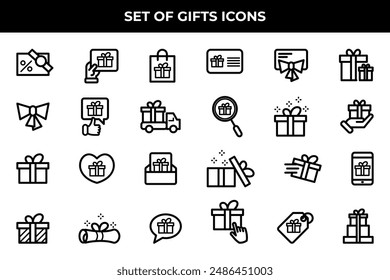 Conjunto simple de los iconos relacionados de la línea del Vector. Contiene iconos como Tarjeta de regalo, Oferta actual, Cinta de opciones y mucho más.