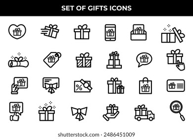 Simple Set of Gifts Related Vector Line Icons. Contains such Icons as Gift Card, Present Offer, Ribbon and more.