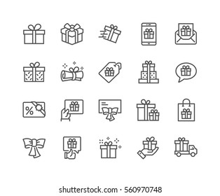 Simple Set of Gifts Related Vector Line Icons. 
Contains such Icons as Gift Card, Present Offer, Ribbon and more.
Editable Stroke. 48x48 Pixel Perfect.